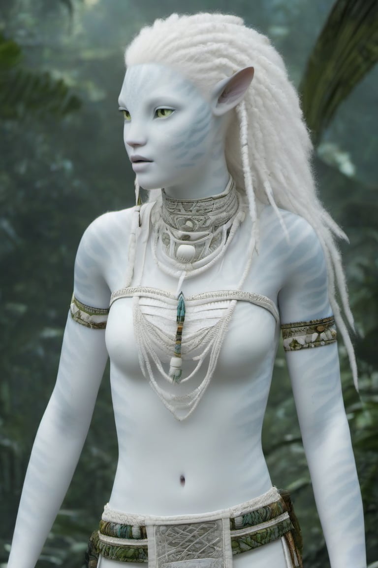 Beautiful na’vi, white, albino, female, white skin, young, tribal jewelry, white curly hair, ((jungle:background)), ((closeup)), movie scene, freckles, detailed, hdr, high quality, movie still, visible tail, skin detail, albino, ADD MORE DETAIL, Read description