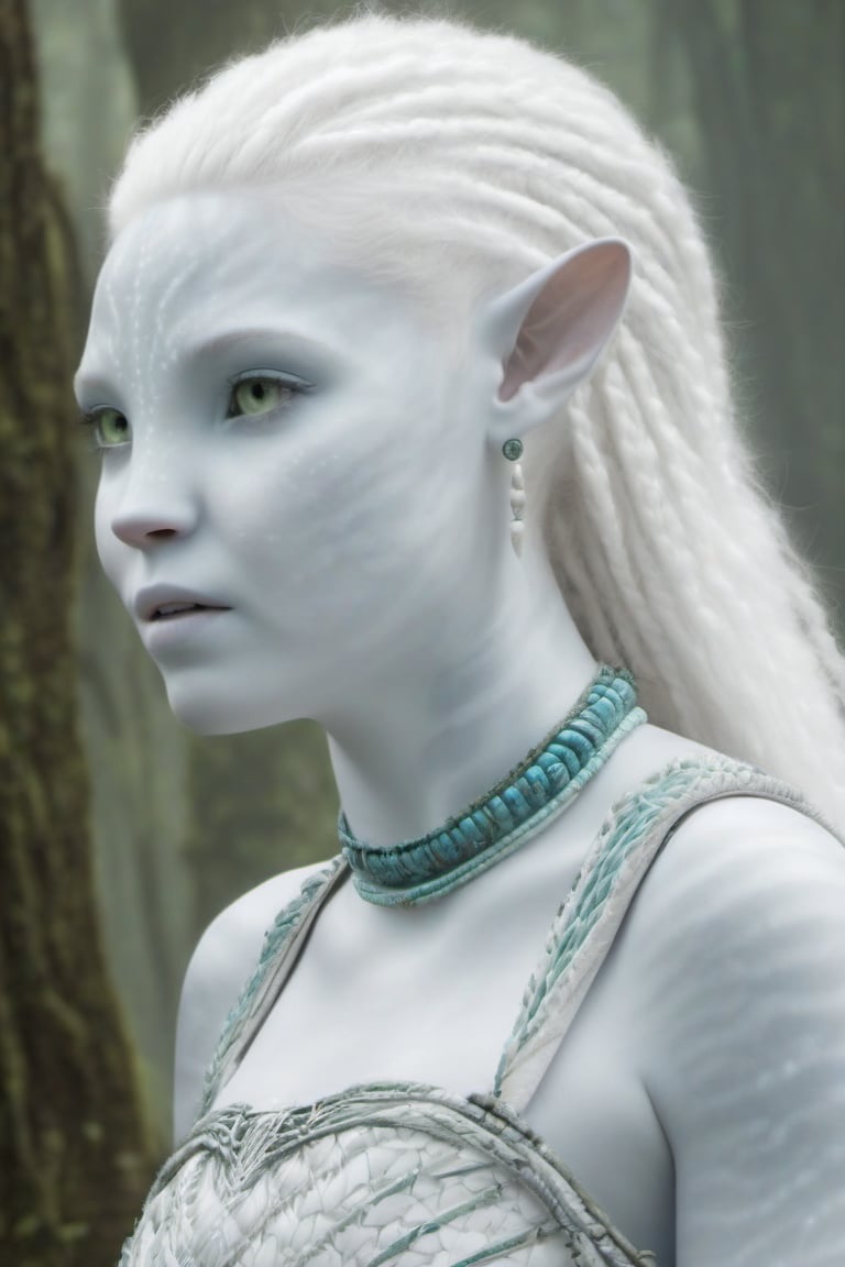 Beautiful na’vi, female, ((Jennifer Stone)), white skin, young, jewelry, white hair, ((forest:background)), ((closeup)), movie scene, freckles, detailed, hdr, high quality, movie still, visible tail, skin detail, pointed ears, albino, ADD MORE DETAIL, Read description