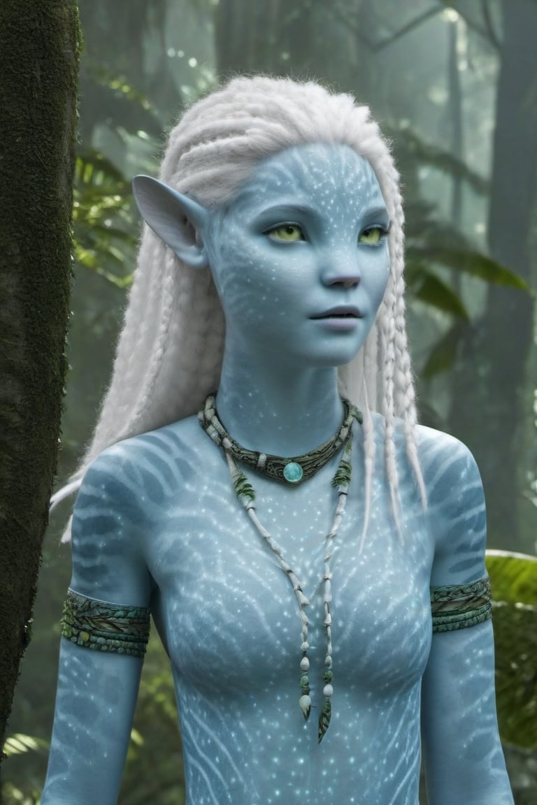 Beautiful na’vi, female, ((Jennifer Stone)), white skin, young, plant jewelry, white hair, ((forest:background)), ((closeup)), movie scene, freckles, detailed, hdr, high quality, movie still, visible tail, skin detail, pointed ears, ADD MORE DETAIL, Read description