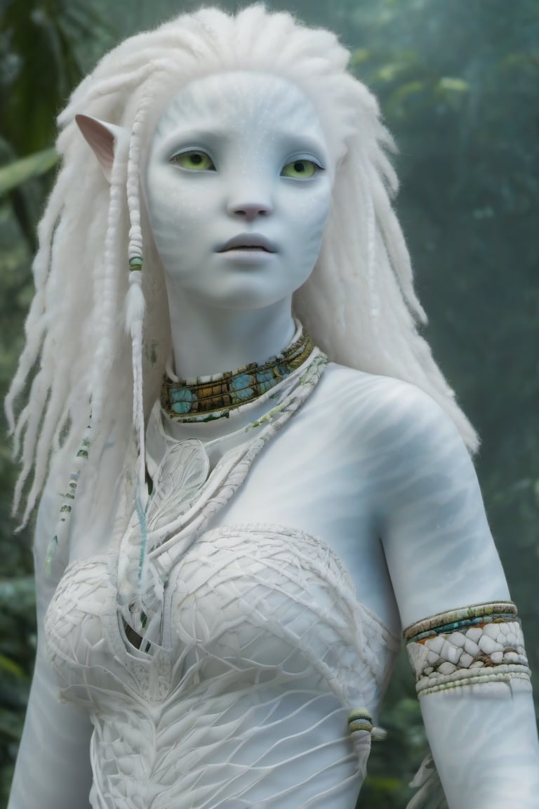 Beautiful na’vi, white, albino, female, white skin, young, colorful tribal jewelry, white curly hair, ((jungle:background)), ((closeup)), movie scene, freckles, detailed, hdr, high quality, movie still, visible tail, skin detail, albino, ADD MORE DETAIL, Read description