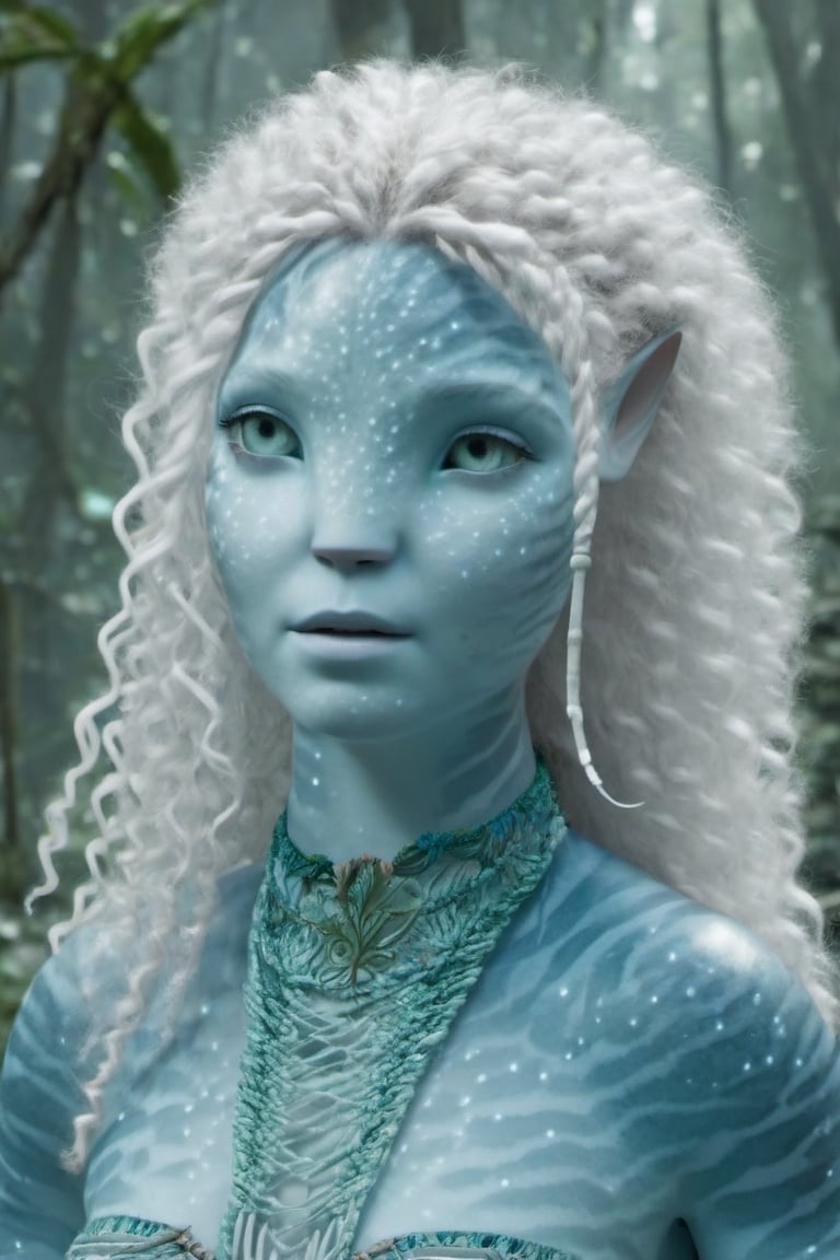 Beautiful na’vi, female, ((Jennifer Stone)), white skin, young, plant jewelry, white curly hair, ((forest:background)), ((closeup)), movie scene, freckles, detailed, hdr, high quality, movie still, visible tail, skin detail, ADD MORE DETAIL,Read description