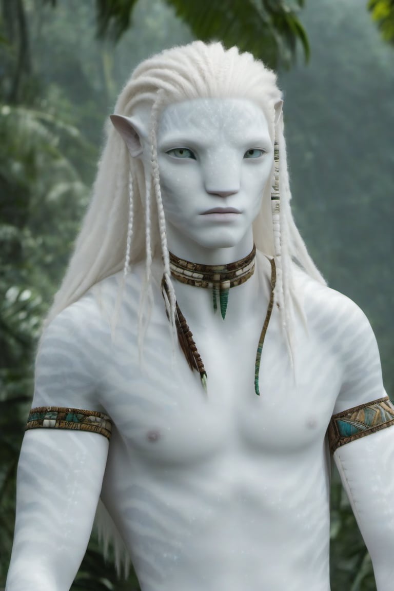 Hansome na’vi, white, albino, male, white skin, young, leather tribal jewelry, long wavy white hair, ((jungle:background)), ((closeup)), movie scene, freckles, detailed, hdr, high quality, movie still, visible tail, skin detail, albino, ADD MORE DETAIL, Read description