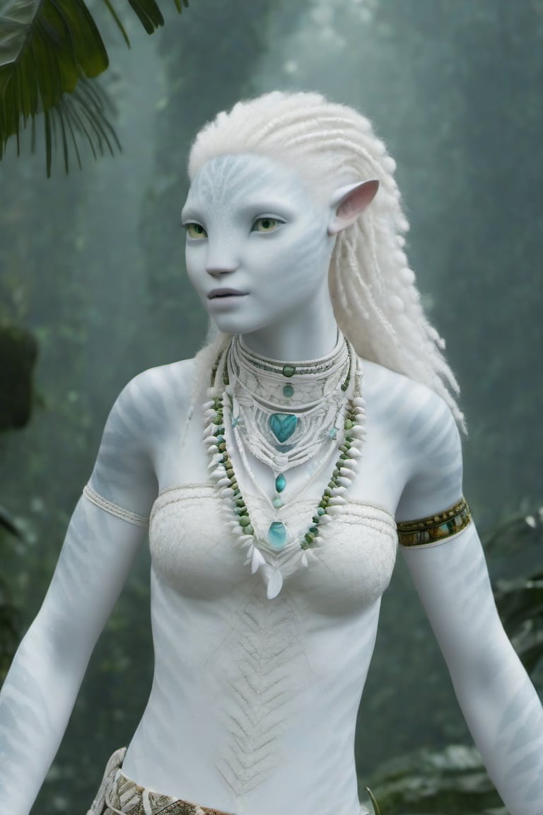 Beautiful na’vi, white, albino, female, white skin, young, tribal jewelry, white curly hair, ((jungle:background)), ((closeup)), movie scene, freckles, detailed, hdr, high quality, movie still, visible tail, skin detail, albino, ADD MORE DETAIL, Read description