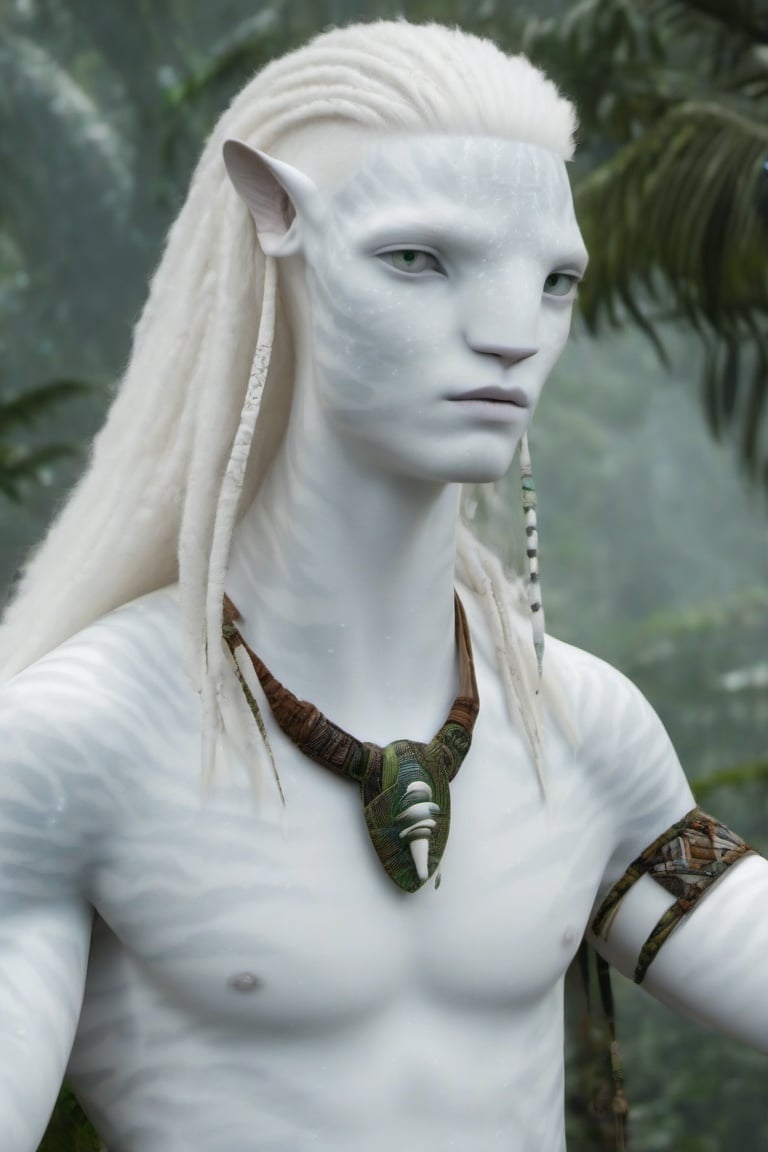 Hansome na’vi, white, albino, male, white skin, young, leather tribal jewelry, long wavy white hair, ((jungle:background)), ((closeup)), movie scene, freckles, detailed, hdr, high quality, movie still, visible tail, skin detail, albino, ADD MORE DETAIL, Read description