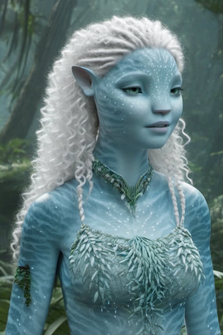 Beautiful na’vi, female, ((Jennifer Stone)), white skin, young, plant jewelry, white curly hair, ((forest:background)), ((closeup)), movie scene, freckles, detailed, hdr, high quality, movie still, visible tail, skin detail, ADD MORE DETAIL,Read description