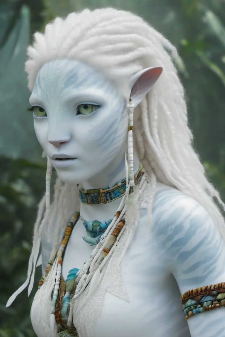 Beautiful na’vi, white, albino, female, white skin, young, colorful tribal jewelry, white curly hair, ((jungle:background)), ((closeup)), movie scene, freckles, detailed, hdr, high quality, movie still, visible tail, skin detail, albino, ADD MORE DETAIL, Read description