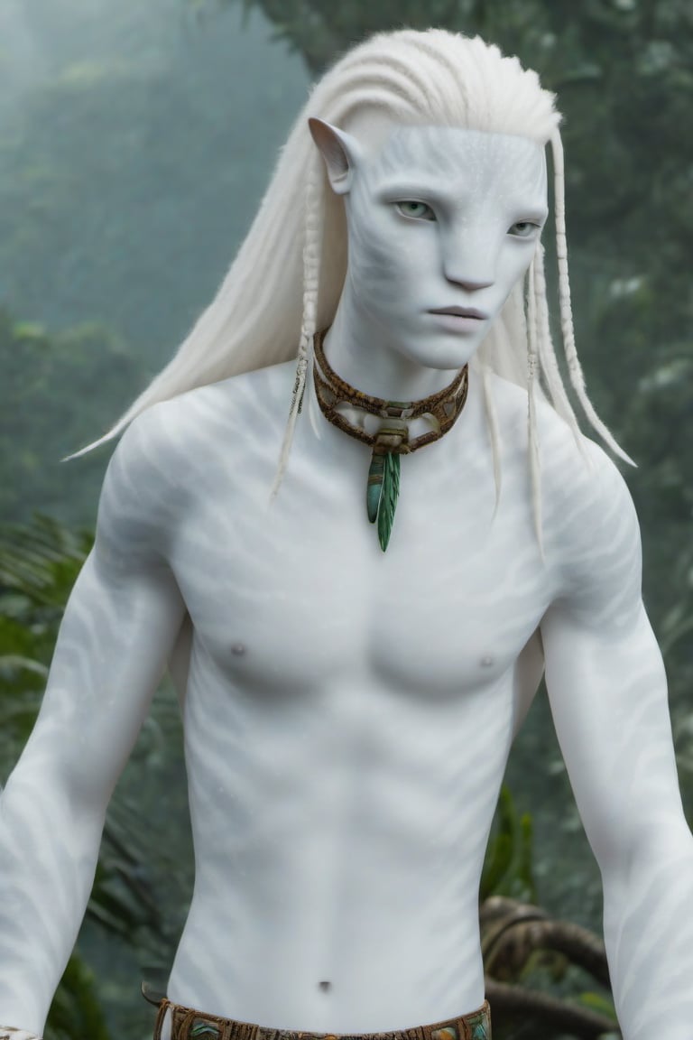 Hansome na’vi, white, albino, male, white skin, young, leather tribal jewelry, long wavy white hair, ((jungle:background)), ((closeup)), movie scene, freckles, detailed, hdr, high quality, movie still, visible tail, skin detail, albino, ADD MORE DETAIL, Read description