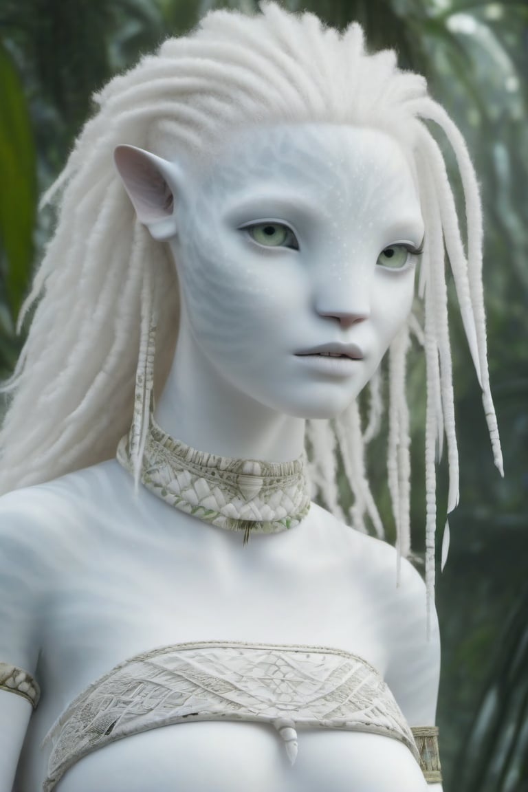 Beautiful na’vi, white, albino, female, white skin, young, tribal jewelry, white curly hair, ((jungle:background)), ((closeup)), movie scene, freckles, detailed, hdr, high quality, movie still, visible tail, skin detail, albino, ADD MORE DETAIL, Read description