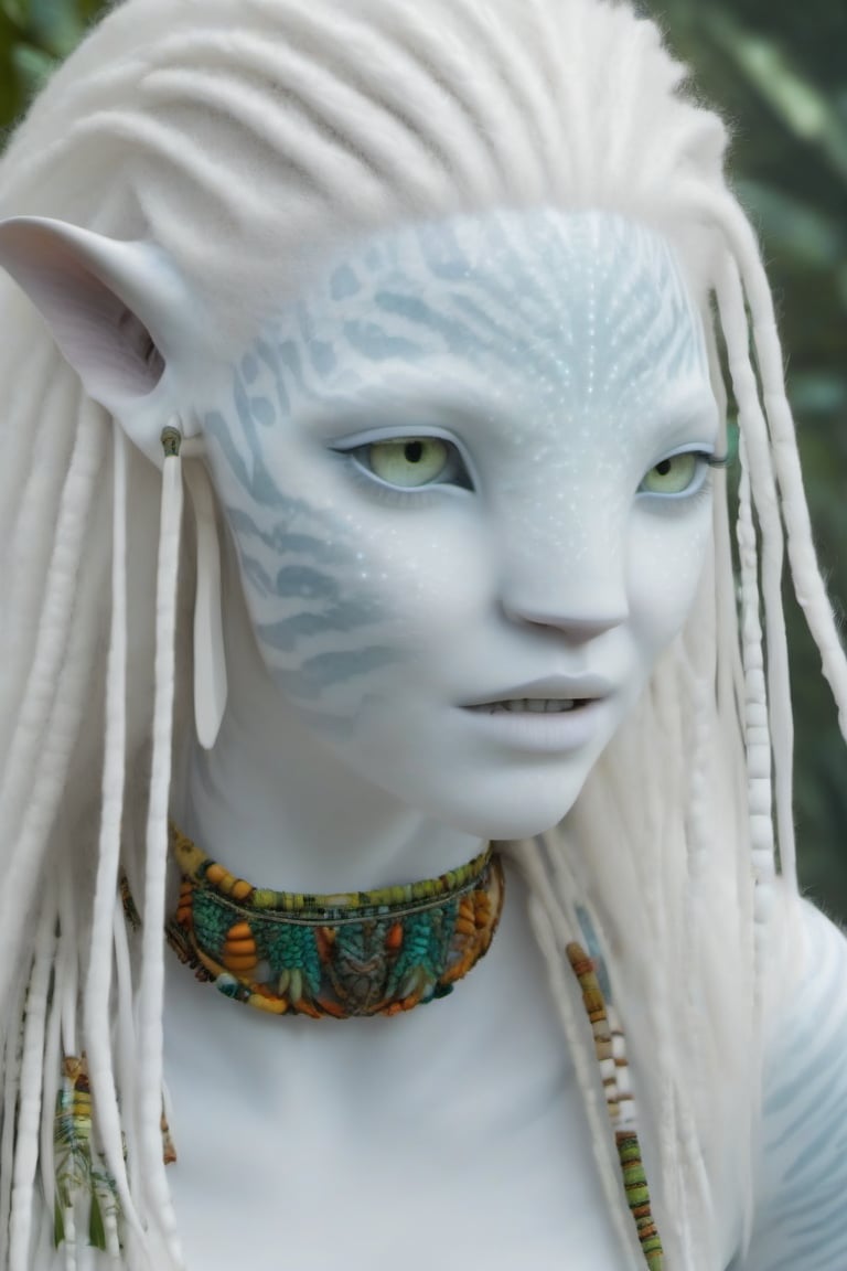 Beautiful na’vi, white, albino, female, white skin, young, colorful tribal jewelry, long wavy white hair, ((jungle:background)), ((closeup)), movie scene, freckles, detailed, hdr, high quality, movie still, visible tail, skin detail, albino, ADD MORE DETAIL, Read description