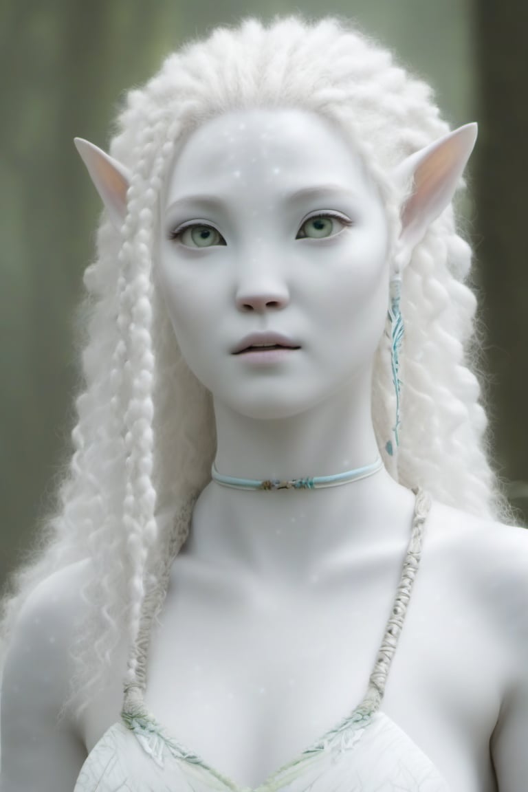 Beautiful na’vi, female, ((Lee Yoo-mi)), white skin, young, jewelry, curly white hair, ((forest:background)), ((closeup)), movie scene, freckles, detailed, hdr, high quality, movie still, visible tail, skin detail, pointed ears, albino, ADD MORE DETAIL, Read description