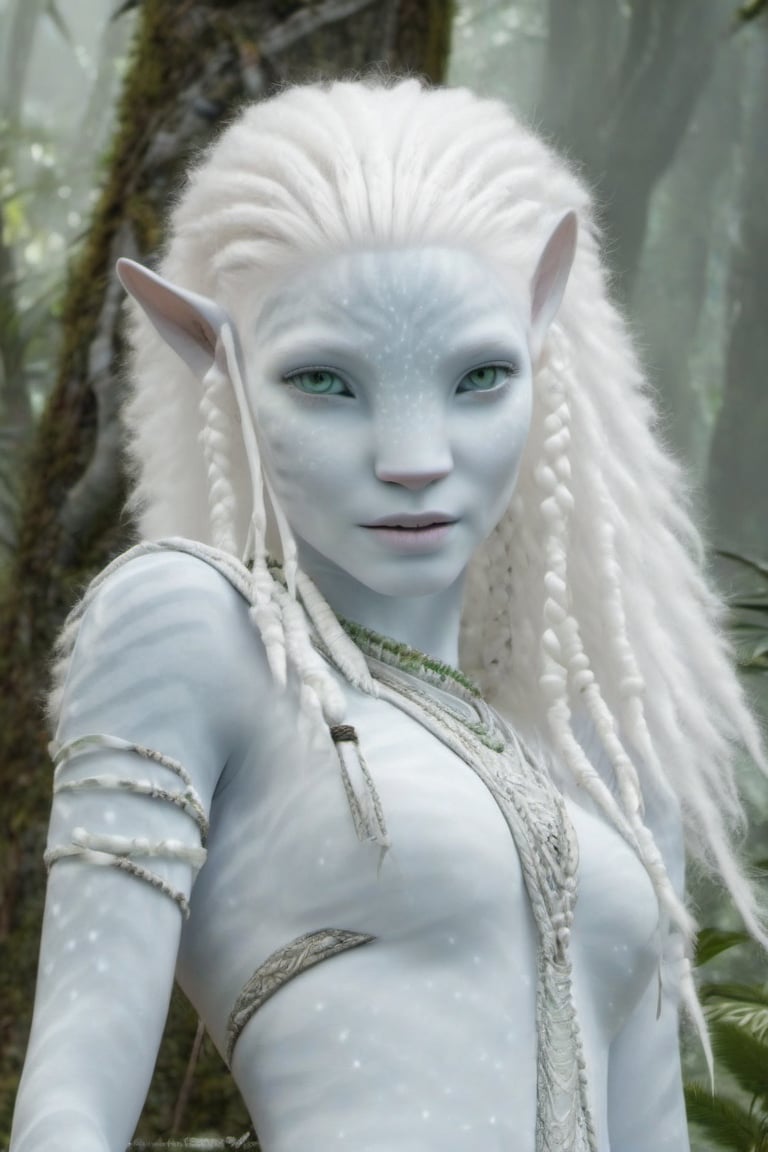 Beautiful na’vi, female, ((Jennifer Stone)), white skin, young, jewelry, white hair, ((forest:background)), ((closeup)), movie scene, freckles, detailed, hdr, high quality, movie still, visible tail, skin detail, pointed ears, albino, ADD MORE DETAIL, Read description