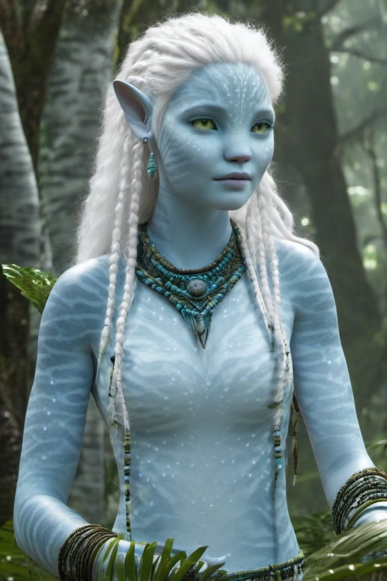 Beautiful na’vi, female, ((Jennifer Stone)), white skin, young, jewelry, white hair, ((forest:background)), ((closeup)), movie scene, freckles, detailed, hdr, high quality, movie still, visible tail, skin detail, pointed ears, ADD MORE DETAIL, Read description