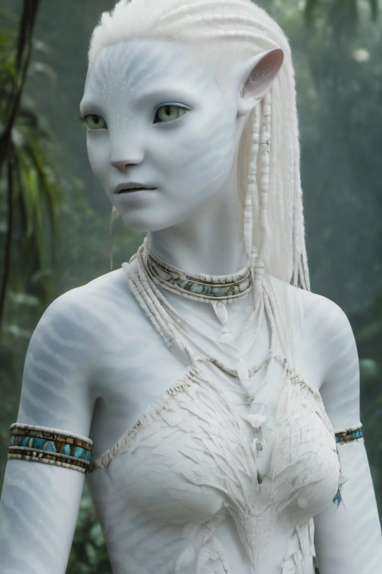 Beautiful na’vi, white, albino, female, white skin, young, tribal jewelry, white hair, ((jungle:background)), ((closeup)), movie scene, freckles, detailed, hdr, high quality, movie still, visible tail, skin detail, albino, ADD MORE DETAIL, Read description