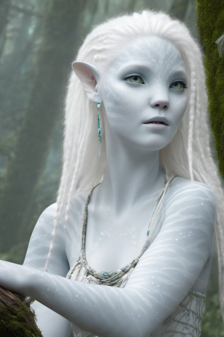 Beautiful na’vi, female, ((Jennifer Stone)), white skin, young, jewelry, white hair, ((forest:background)), ((closeup)), movie scene, freckles, detailed, hdr, high quality, movie still, visible tail, skin detail, pointed ears, albino, ADD MORE DETAIL, Read description