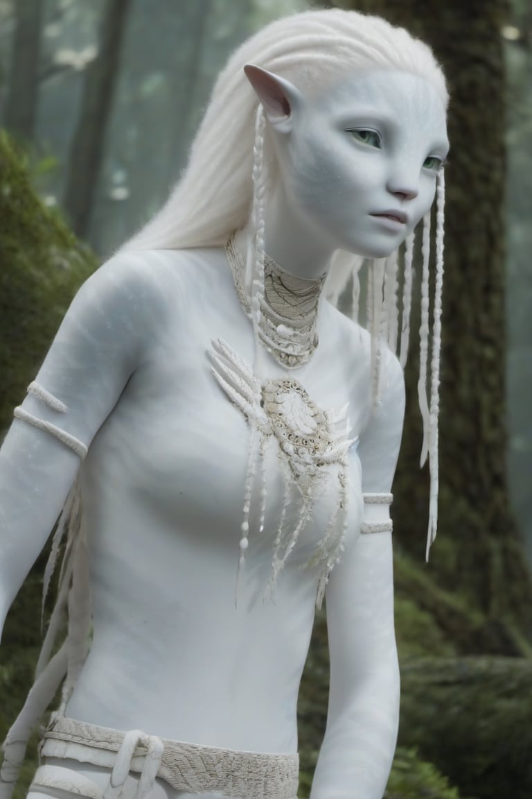 Beautiful na’vi, white, albino, female, white skin, young, wooden jewelry, white hair, ((forest:background)), ((closeup)), movie scene, freckles, detailed, hdr, high quality, movie still, visible tail, skin detail, albino, ADD MORE DETAIL, Read description