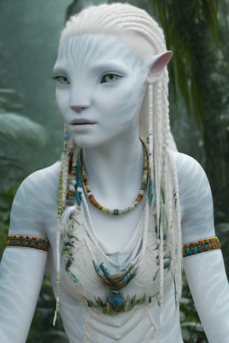 Beautiful na’vi, white, albino, female, white skin, young, colorful tribal jewelry, white braided hair, ((jungle:background)), ((closeup)), movie scene, freckles, detailed, hdr, high quality, movie still, visible tail, skin detail, albino, ADD MORE DETAIL, Read description