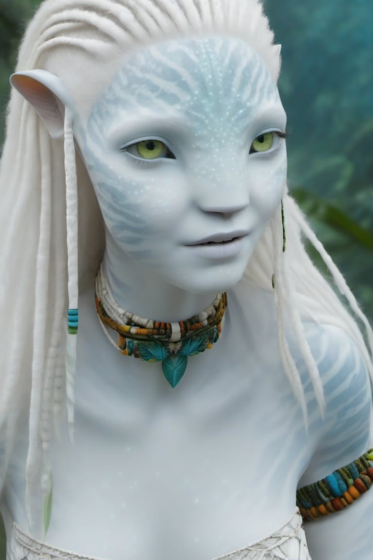 Beautiful na’vi, white, albino, female, white skin, young, colorful tribal jewelry, long wavy white hair, ((jungle:background)), ((closeup)), movie scene, freckles, detailed, hdr, high quality, movie still, visible tail, skin detail, albino, ADD MORE DETAIL, Read description