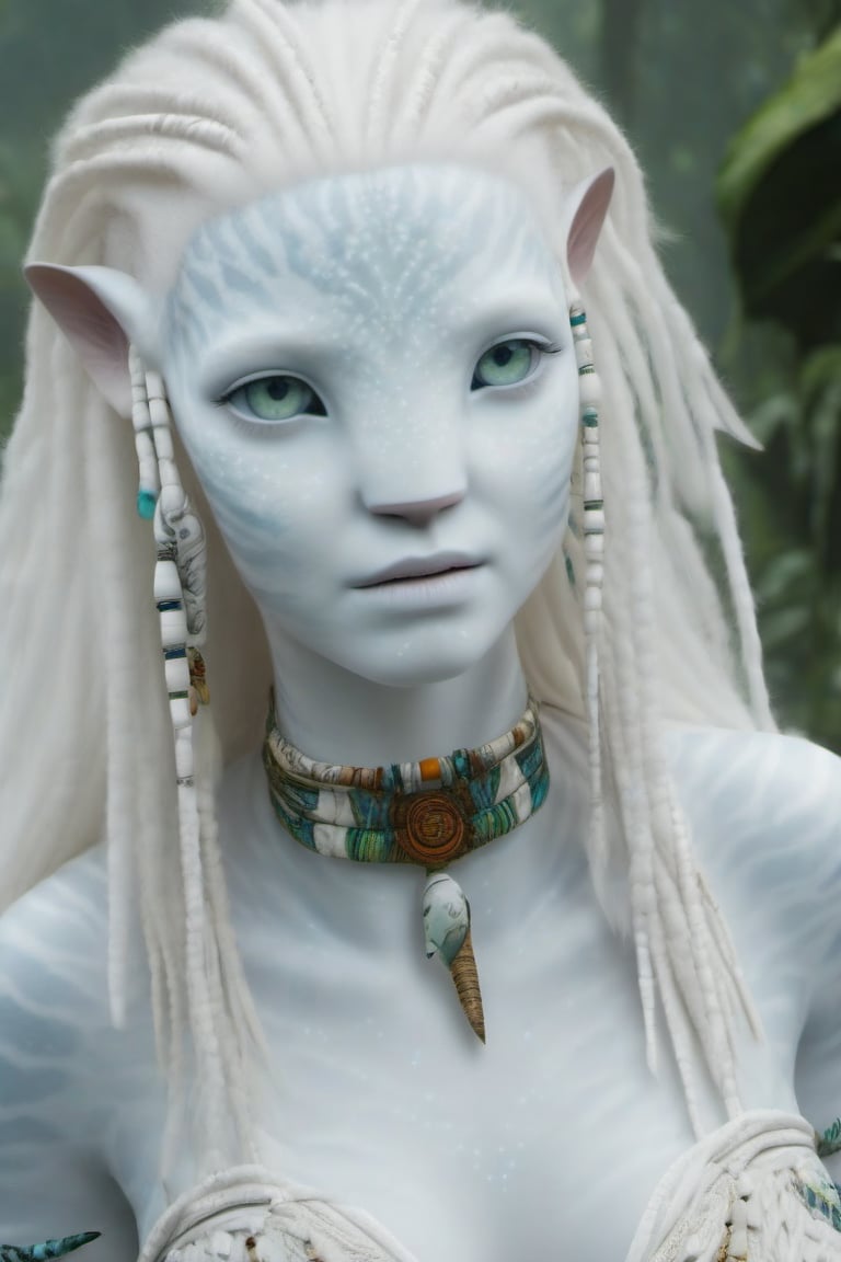 Beautiful na’vi, white, albino, female, white skin, young, colorful tribal jewelry, long wavy white hair, ((jungle:background)), ((closeup)), movie scene, freckles, detailed, hdr, high quality, movie still, visible tail, skin detail, albino, ADD MORE DETAIL, Read description