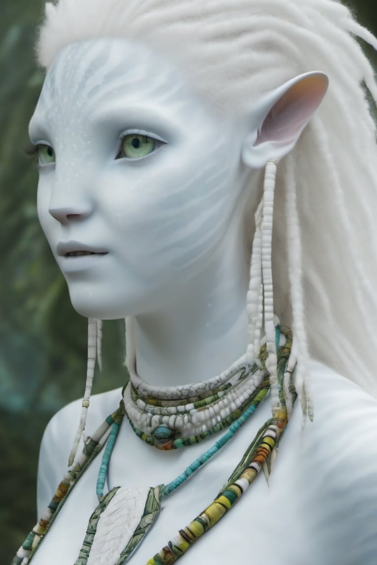 Beautiful na’vi, white, albino, female, white skin, young, colorful tribal jewelry, white curly hair, ((jungle:background)), ((closeup)), movie scene, freckles, detailed, hdr, high quality, movie still, visible tail, skin detail, albino, ADD MORE DETAIL, Read description