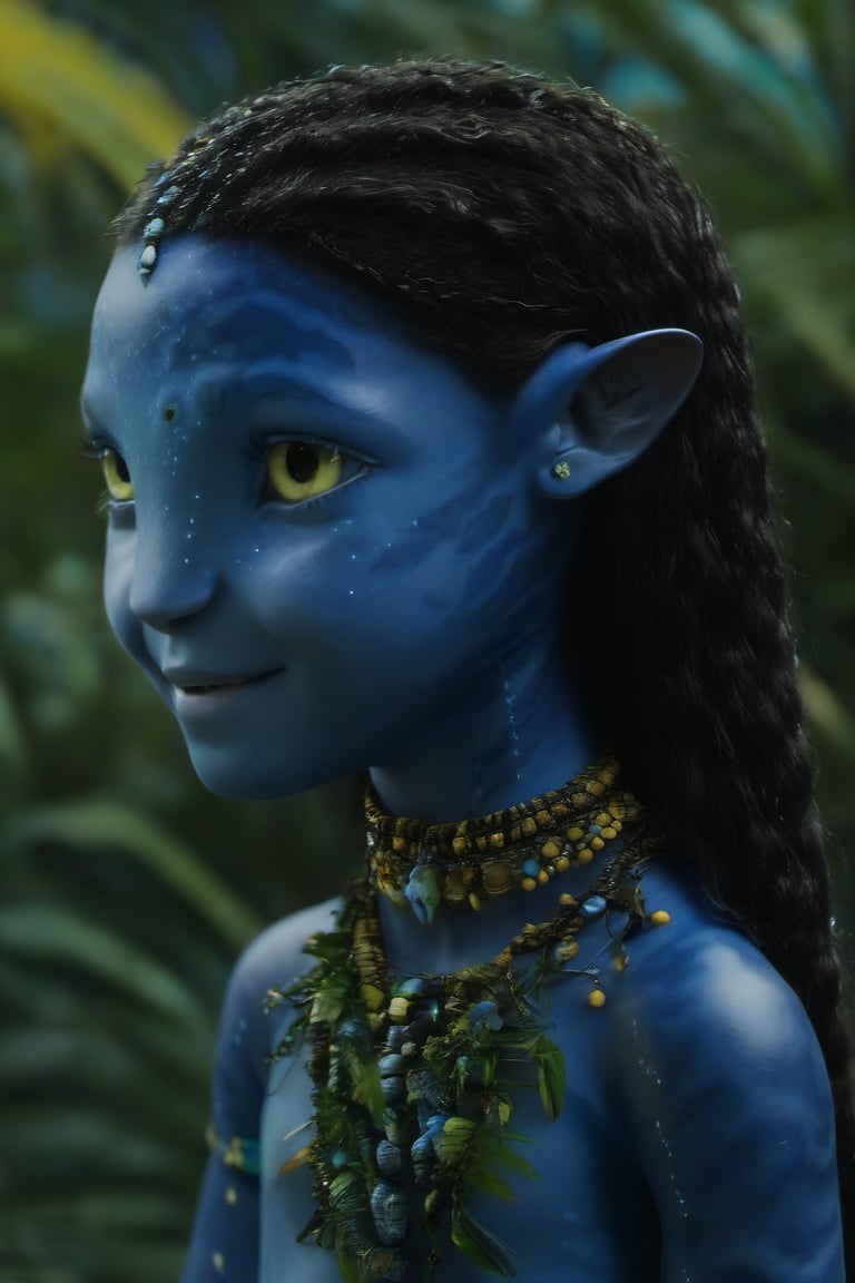 Beautiful na’vi, ((Brooklynn Prince)), dark blue skin, child, young, jewelry, black hair, yellow eyes, earring, ((jungle:background)), ((closeup)), movie scene, freckles, detailed, hdr, high quality, movie still, visible tail, skin detail,ADD MORE DETAIL 