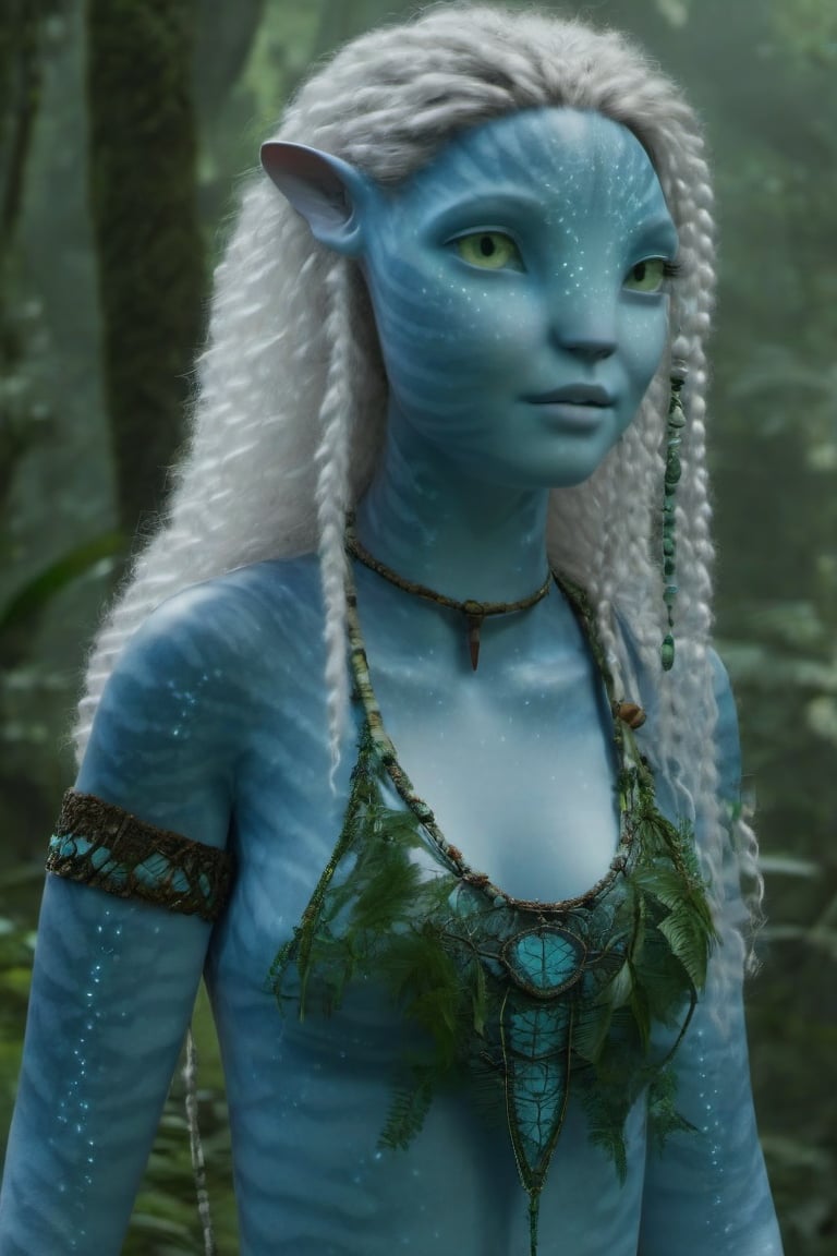 Beautiful na’vi, female, ((Jennifer Stone)), white skin, young, plant jewelry, white curly hair, ((forest:background)), ((closeup)), movie scene, freckles, detailed, hdr, high quality, movie still, visible tail, skin detail, ADD MORE DETAIL,Read description