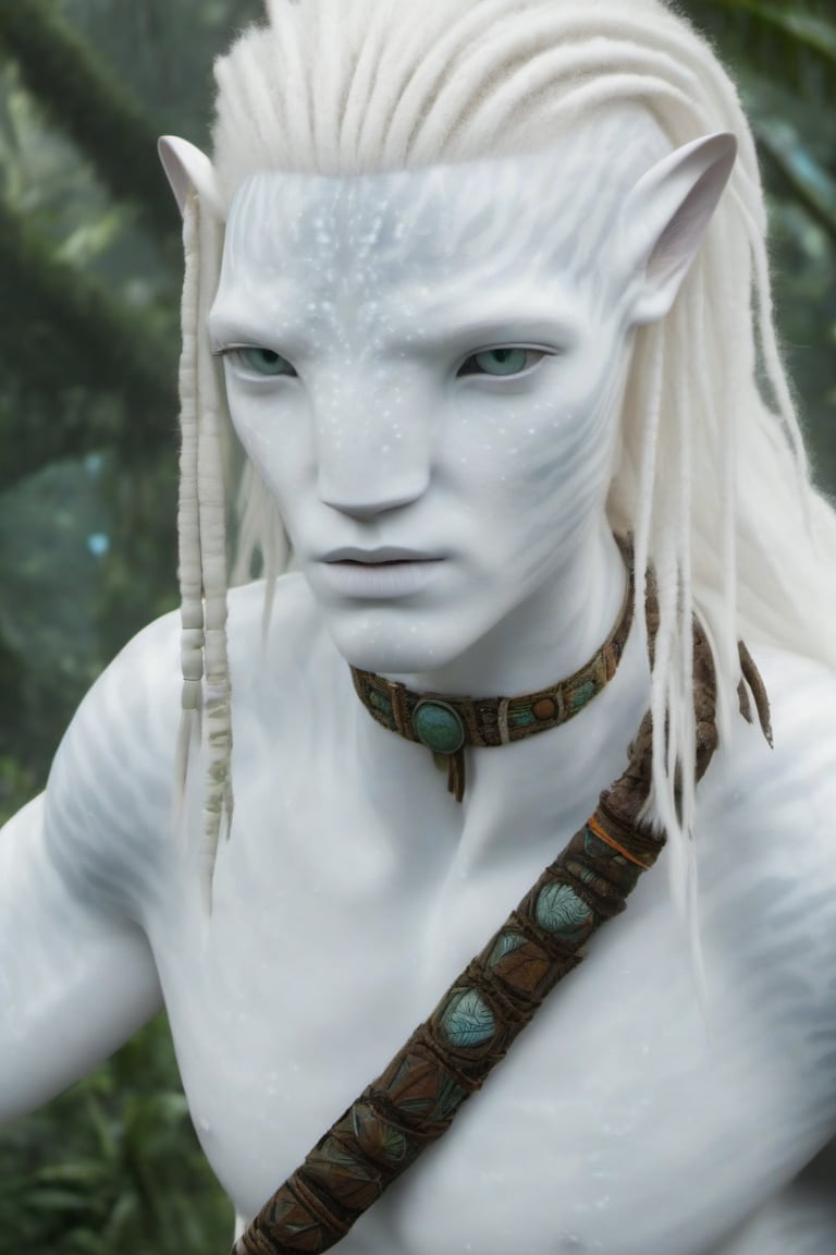 Hansome na’vi, white, albino, male, white skin, young, leather tribal jewelry, long wavy white hair, ((jungle:background)), ((closeup)), movie scene, freckles, detailed, hdr, high quality, movie still, visible tail, skin detail, albino, ADD MORE DETAIL, Read description