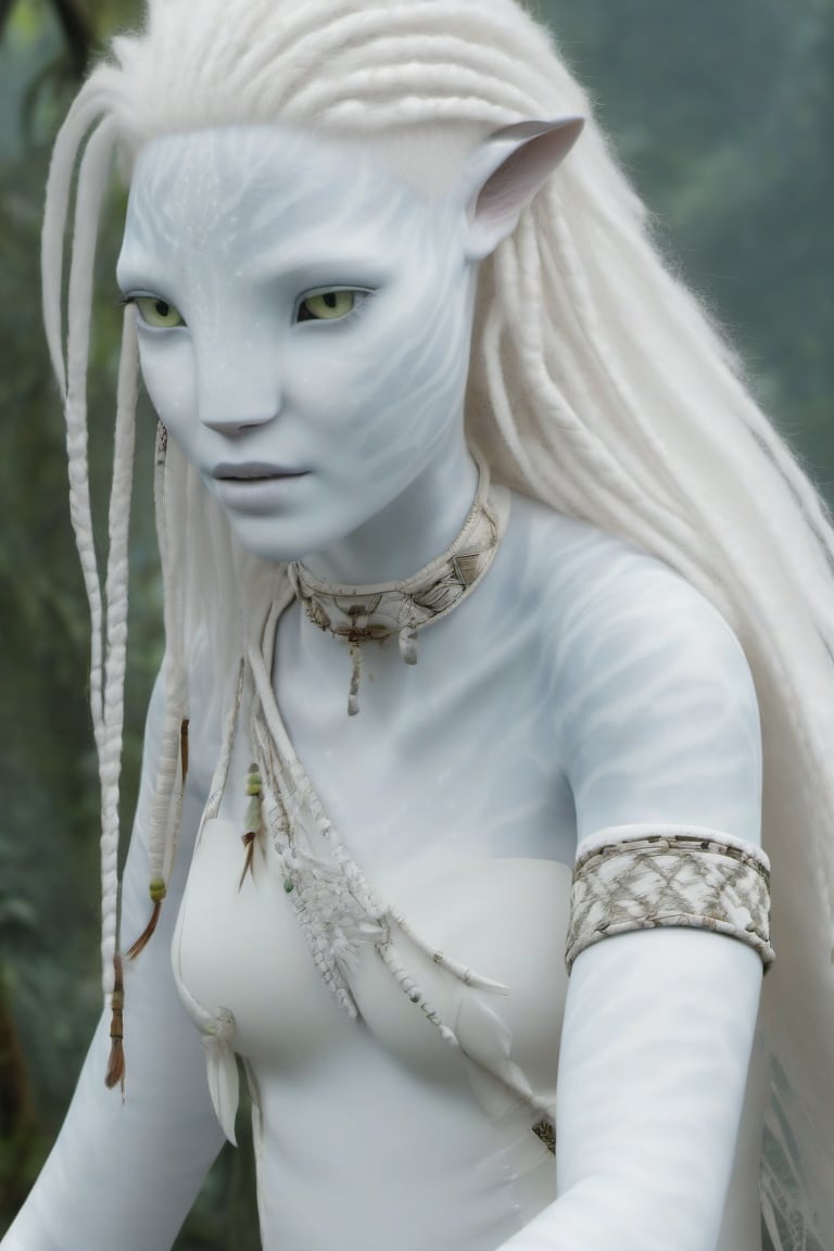 Beautiful na’vi, white, albino, female, white skin, young, leather tribal jewelry, long wavy white hair, ((jungle:background)), ((closeup)), movie scene, freckles, detailed, hdr, high quality, movie still, visible tail, skin detail, albino, ADD MORE DETAIL, Read description