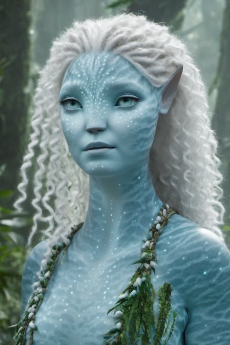 Beautiful na’vi, female, ((Jennifer Stone)), white skin, young, plant jewelry, white curly hair, ((forest:background)), ((closeup)), movie scene, freckles, detailed, hdr, high quality, movie still, visible tail, skin detail, ADD MORE DETAIL,Read description