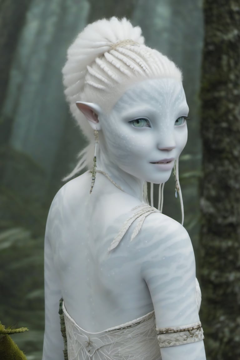 Beautiful na’vi, white, albino, female, white skin, young, wooden jewelry, white hair, ((forest:background)), ((closeup)), movie scene, freckles, detailed, hdr, high quality, movie still, visible tail, skin detail, albino, ADD MORE DETAIL, Read description