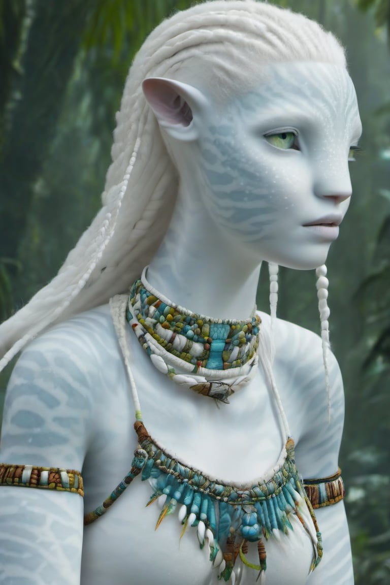 Beautiful na’vi, white, albino, female, white skin, young, colorful tribal jewelry, white braided hair, ((jungle:background)), ((closeup)), movie scene, freckles, detailed, hdr, high quality, movie still, visible tail, skin detail, albino, ADD MORE DETAIL, Read description