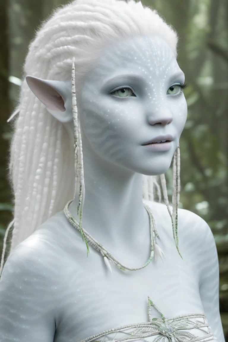 Beautiful na’vi, female, ((Jennifer Stone)), white skin, young, jewelry, white hair, ((forest:background)), ((closeup)), movie scene, freckles, detailed, hdr, high quality, movie still, visible tail, skin detail, pointed ears, albino, ADD MORE DETAIL, Read description