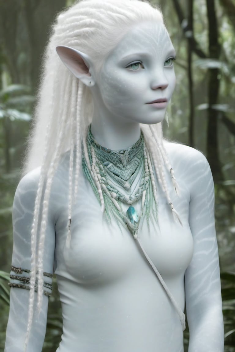 Beautiful na’vi, female, ((Jennifer Stone)), white skin, young, jewelry, white hair, ((forest:background)), ((closeup)), movie scene, freckles, detailed, hdr, high quality, movie still, visible tail, skin detail, pointed ears, albino, ADD MORE DETAIL, Read description