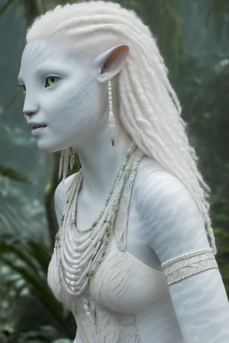 Beautiful na’vi, white, albino, female, white skin, young, tribal jewelry, white curly hair, ((jungle:background)), ((closeup)), movie scene, freckles, detailed, hdr, high quality, movie still, visible tail, skin detail, albino, ADD MORE DETAIL, Read description