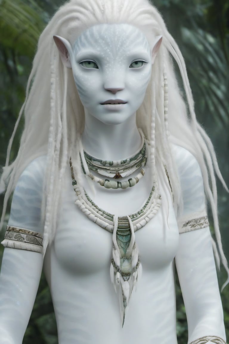 Beautiful na’vi, white, albino, female, white skin, young, leather tribal jewelry, long wavy white hair, ((jungle:background)), ((closeup)), movie scene, freckles, detailed, hdr, high quality, movie still, visible tail, skin detail, albino, ADD MORE DETAIL, Read description