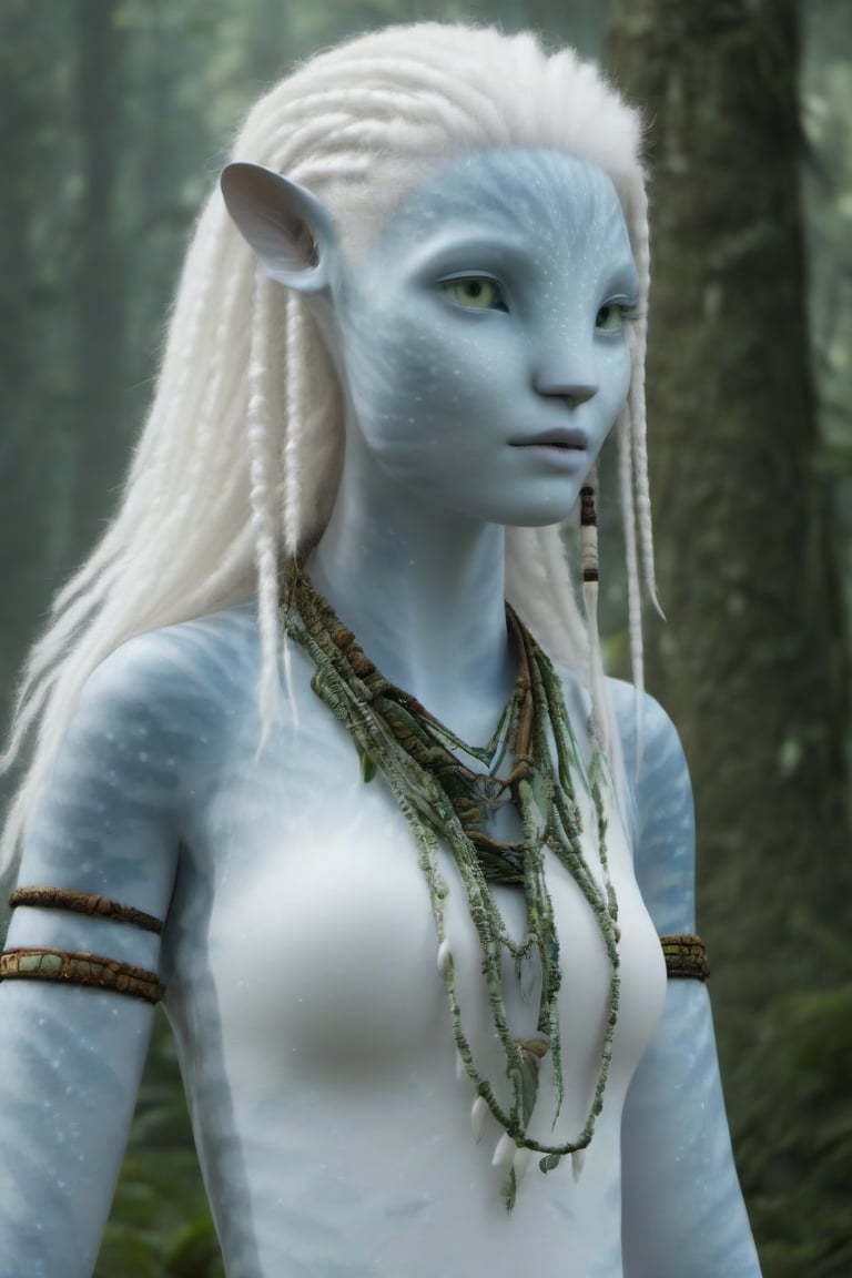 Beautiful na’vi, female, white skin, young, wooden jewelry, white hair, ((forest:background)), ((closeup)), movie scene, freckles, detailed, hdr, high quality, movie still, visible tail, skin detail, albino, ADD MORE DETAIL, Read description