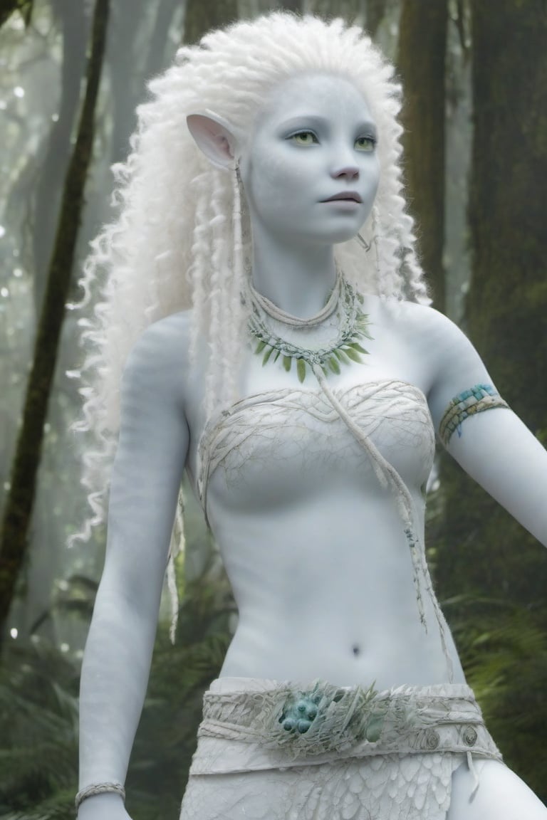 Beautiful na’vi, female, white skin, young, jewelry, white curly hair, ((forest:background)), ((closeup)), movie scene, freckles, detailed, hdr, high quality, movie still, visible tail, skin detail, albino, ADD MORE DETAIL, Read description