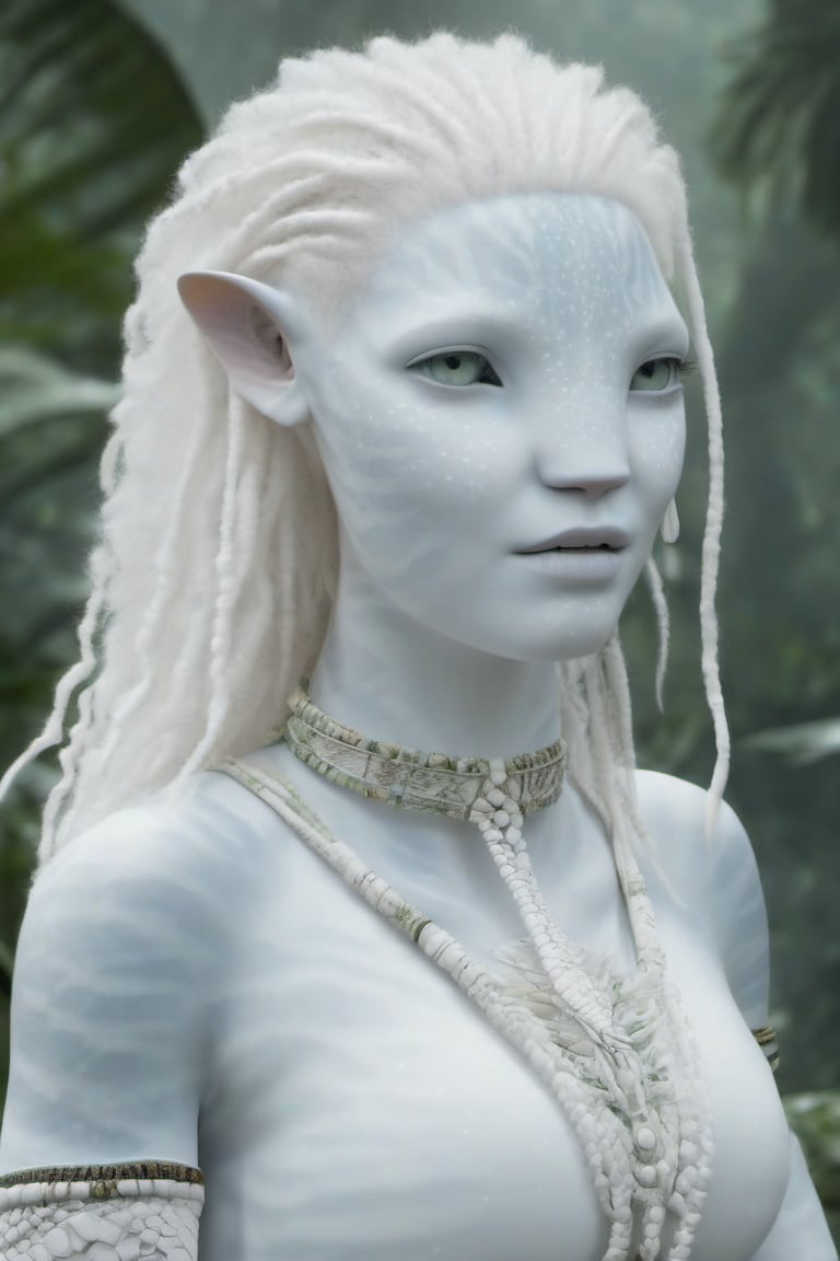 Beautiful na’vi, white, albino, female, white skin, young, tribal jewelry, white curly hair, ((jungle:background)), ((closeup)), movie scene, freckles, detailed, hdr, high quality, movie still, visible tail, skin detail, albino, ADD MORE DETAIL, Read description