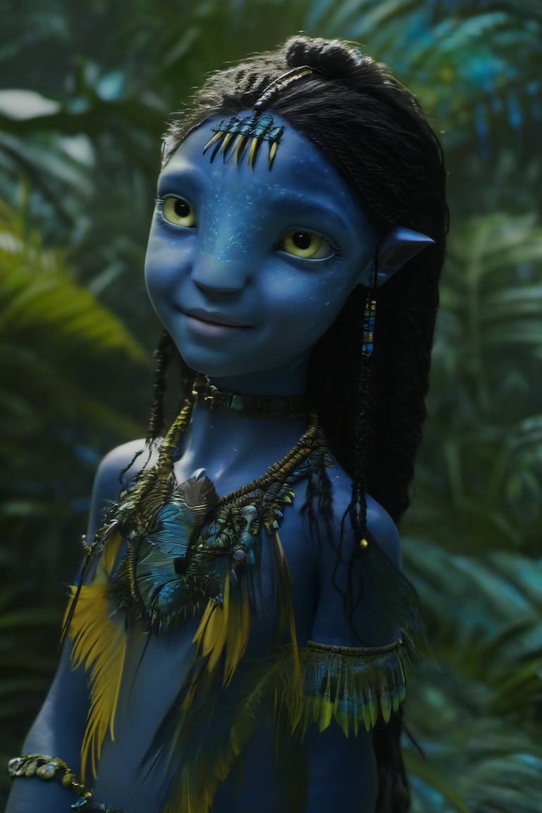 Beautiful na’vi, ((Brooklynn Prince)), dark blue skin, child, young, jewelry, black hair, yellow eyes, earring, ((jungle:background)), ((closeup)), movie scene, freckles, detailed, hdr, high quality, movie still, visible tail, skin detail,ADD MORE DETAIL 