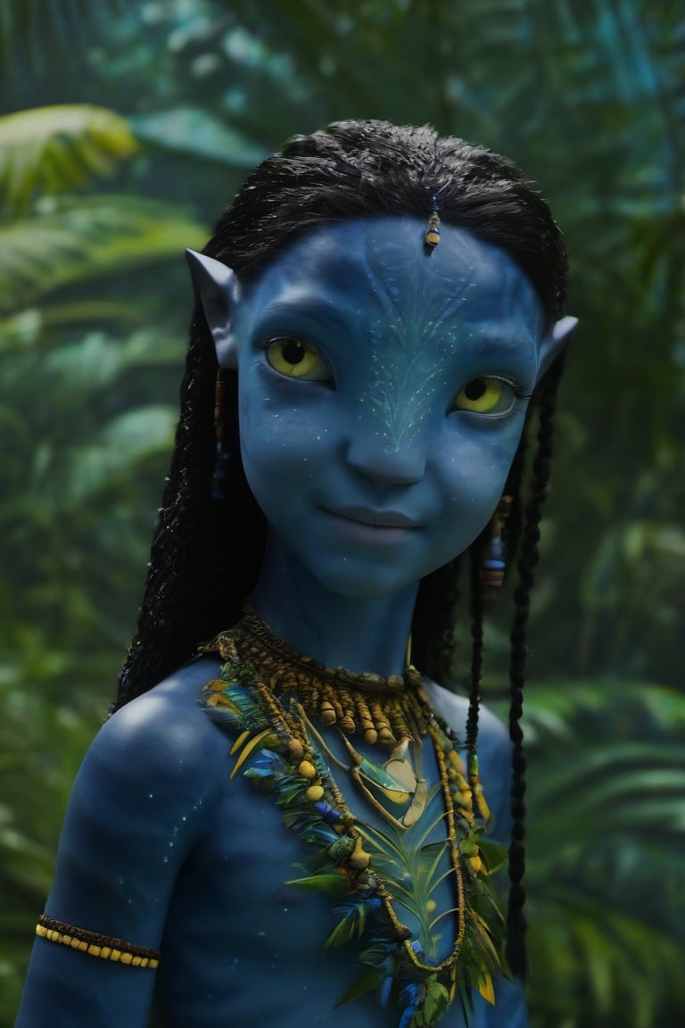 Beautiful na’vi, ((Brooklynn Prince)), dark blue skin, child, young, jewelry, black hair, yellow eyes, earring, ((jungle:background)), ((closeup)), movie scene, freckles, detailed, hdr, high quality, movie still, visible tail, skin detail,ADD MORE DETAIL 