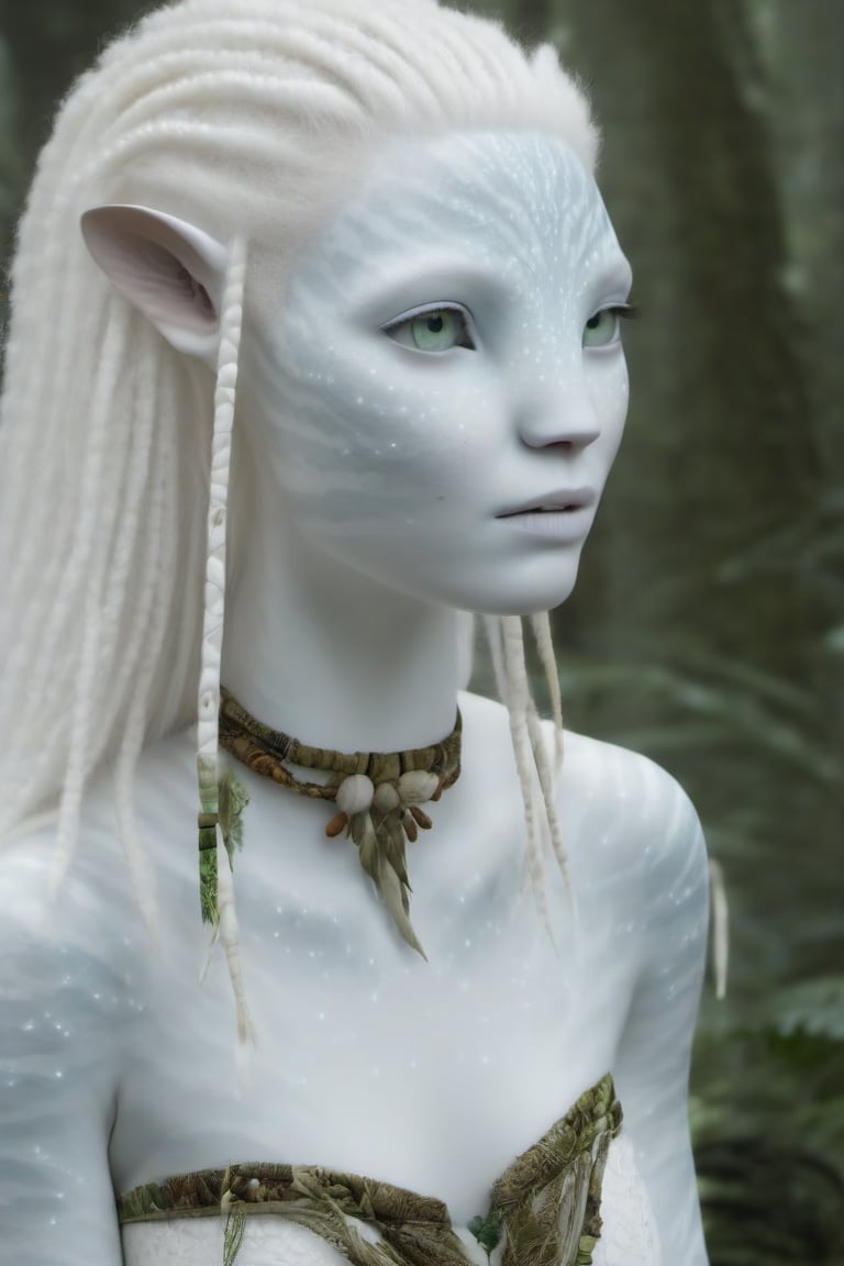 Beautiful na’vi, white, albino, female, white skin, young, wooden jewelry, white hair, ((forest:background)), ((closeup)), movie scene, freckles, detailed, hdr, high quality, movie still, visible tail, skin detail, albino, ADD MORE DETAIL, Read description