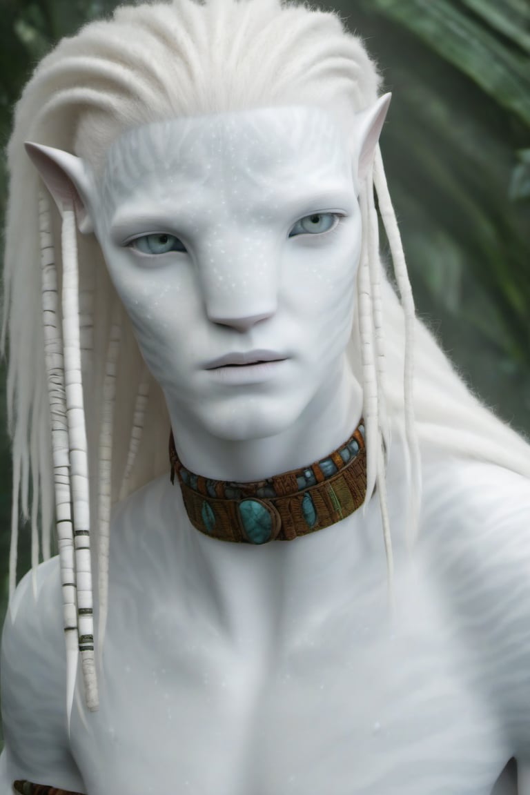 Hansome na’vi, white, albino, male, white skin, young, leather tribal jewelry, long wavy white hair, ((jungle:background)), ((closeup)), movie scene, freckles, detailed, hdr, high quality, movie still, visible tail, skin detail, albino, ADD MORE DETAIL, Read description