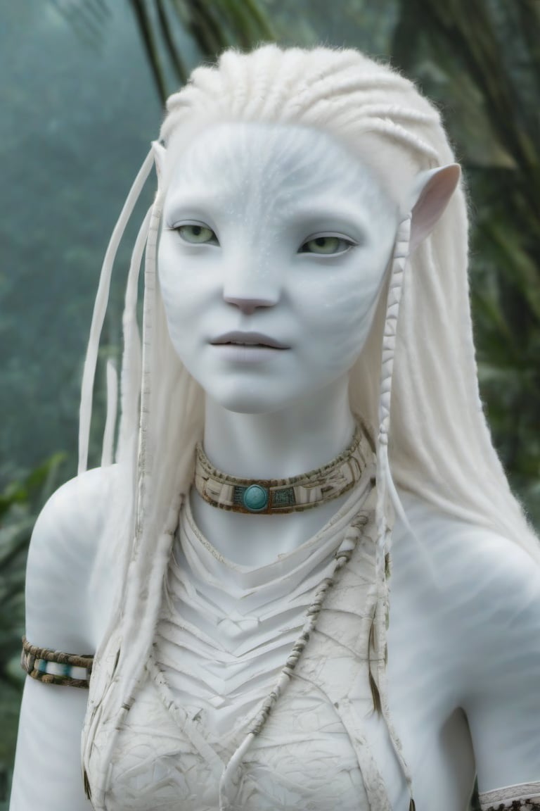 Beautiful na’vi, white, albino, female, white skin, young, leather tribal jewelry, long wavy white hair, ((jungle:background)), ((closeup)), movie scene, freckles, detailed, hdr, high quality, movie still, visible tail, skin detail, albino, ADD MORE DETAIL, Read description