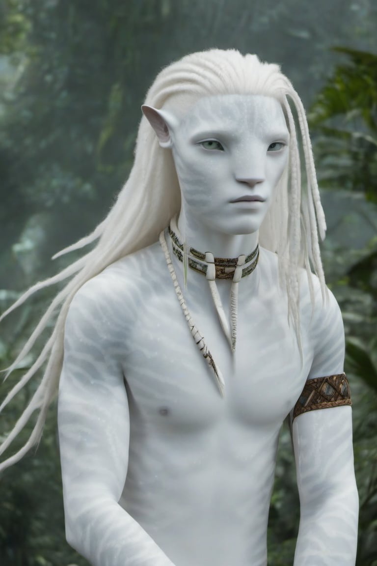 Hansome na’vi, white, albino, male, white skin, young, leather tribal jewelry, long wavy white hair, ((jungle:background)), ((closeup)), movie scene, freckles, detailed, hdr, high quality, movie still, visible tail, skin detail, albino, ADD MORE DETAIL, Read description