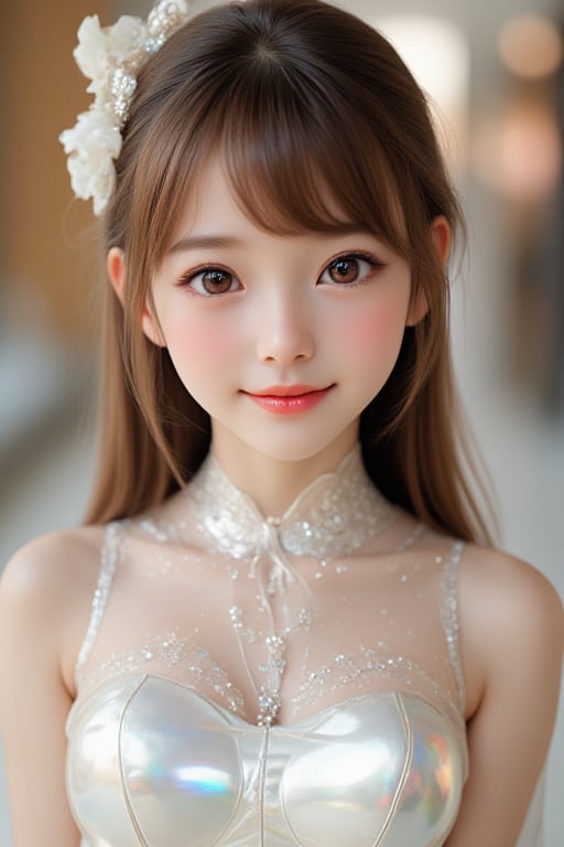 
super cute loli face,  
very beautiful loli girl, 
(japanese idol face:1.3),14 yo,
happy cheerful smile,
(sparkling clear attractive large eyes:1.4), 
cheerful smile,
long brown hair,
super smooth and very silky hair, 
fair skin,
long see-through bangs,
(super shiny holographic transparent white ball gown dress:1.3),
(realistic photograph:1),
row photo,
(tight-fit costume with very smooth and strong reflective mirror-like surfaces:1.1),
ball hall