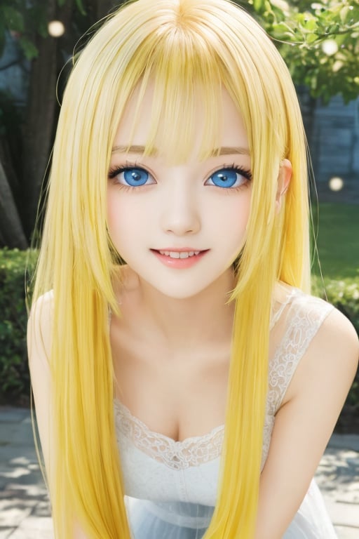 
sparkling clear attractive blue eyes, 
cheerful, 
very cute loli face,  
very beautiful cute girl,  
16 yo,
yellow very long straight hair,
super smooth  and very silky neon yellow hair, 
super white fair skin,
long see-through bangs,tangfengspabelle