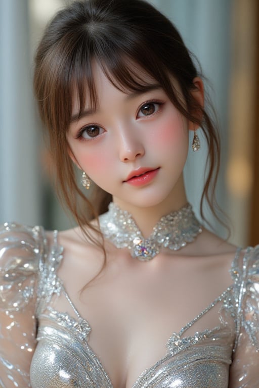 
(sparkling clear attractive growing large eyes:1.1), 
cheerful smile,
super loli face,  
very beautiful cute girl,  
24 yo,
(japanese idol face:1.4),
brown hair,
(super shiny metallic silver transparent holographic ball gown dress:1.3),
(costume with very smooth and strong reflective mirror-like surfaces:1.1),

ball room,
long see-through bangs,
(professional realistic photograph:1.3),
(row photo),
beautiful dress skirt