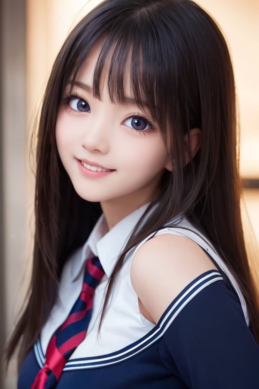 professional portrait ,
dark blue sailor school uniforms, 
super cute face, 
very beautiful cute girl,
(glowing clear attractive large eyes:1.1), cheerful smile ,
16 yo, 
long straight hair, 
super smooth and very silky hair,
beautiful long see-through bangs,
detailed beautiful eyes,
realistic photgraph