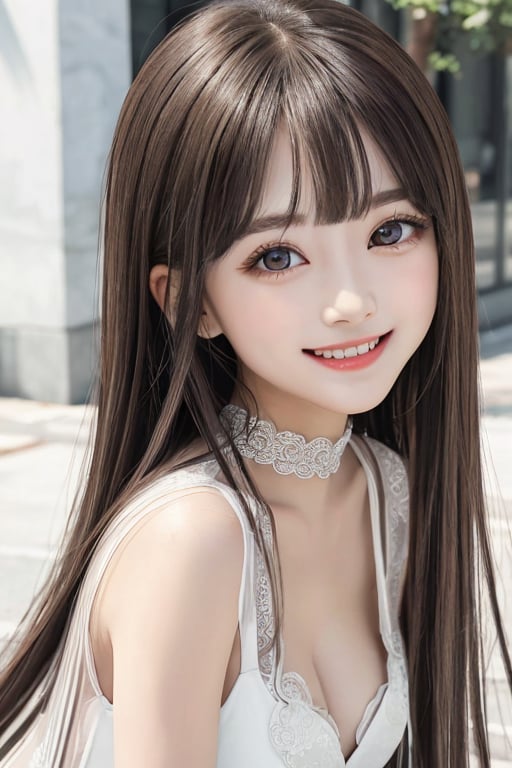 
sparkling clear attractive large eyes, 
cheerful smile,
very cute loli face,  
very beautiful loli girl,  

very long straight light brown hair,
super smooth  and very silky hair, 
super white fair skin,
long see-through bangs