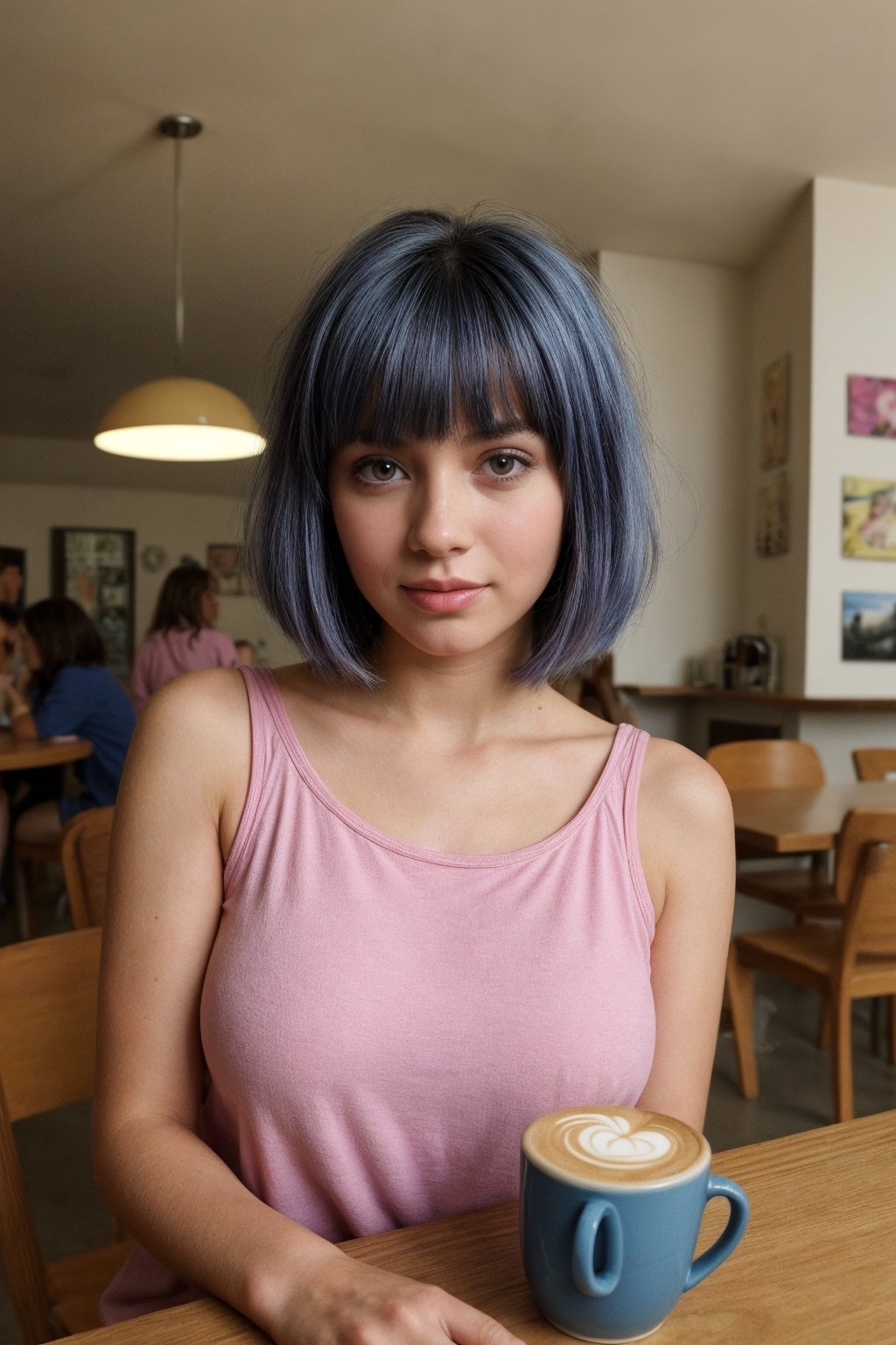 A photorealistic portrait of an 18-year-old girl with captivating beauty,  her hair styled in a chic bob and dyed a mesmer...