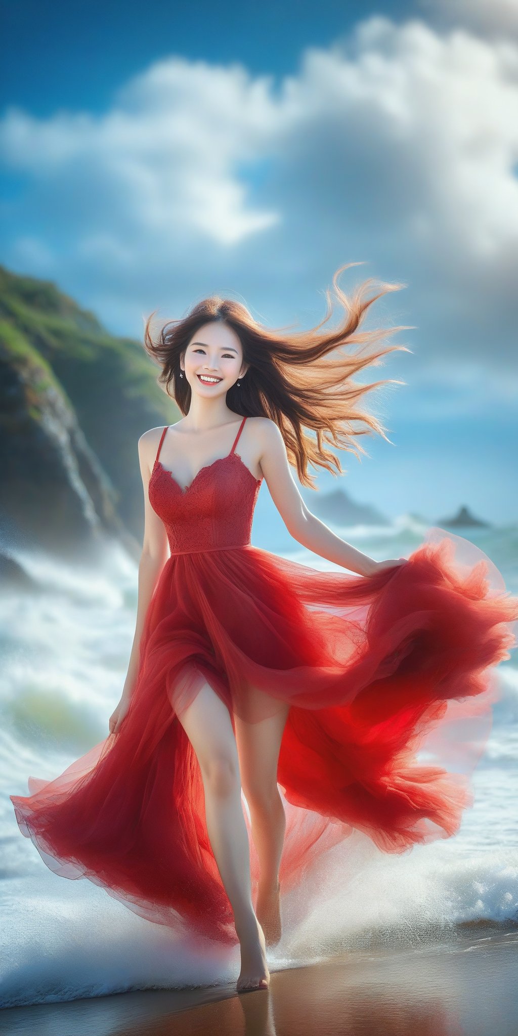 A girl , large breast, (smile:1.4), on the seaside trail, background is  an extreme  ROGUE waves. { Clear BLUE SKY with white clouds }, Her RED TULLE dress is flowing in a whirlwind. Long hair, { barefeet } , dynamic movement, blend of surrealism and realism. sharp focus, { COWBOY  shot}, wide angle, (masterpiece, top quality, best quality, official art, beautiful and aesthetic:1.2), (1girl:1.4), simple background, 16k, high resolution, bokeh,  ,minimalist hologram,style,,taiwan